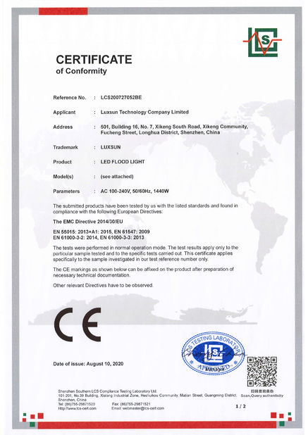 Porcellana Luxsun lighting Co.,Ltd Certificazioni